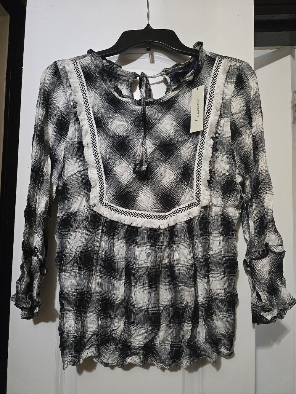 Francesca's Women's Black & White Plaid Babydoll Top W Ruffle Sleeves - Medium